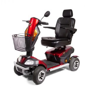 golden patriot mobility scooter in red with black accents, black wheels, a black captains chair and a black basket. Heavy duty full-size scooter, 4-wheels.