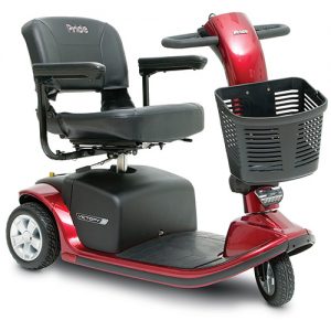 Pride Victory 9 mobility scooter. 3-wheel model. Black with red accents.
