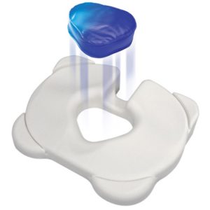 kabooti ice cushion shown on a white background with a motion blur used on the blue 'ice' pad to show how it can be inserted into the cushion's donut hole.