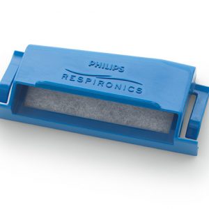 DREAMSTATION REUSABLE FILTER. A blue plastic, rectangular shell stuffed with a white, cottony filter.