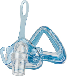 Ascend nasal cpap mask from Roscoe. Clear blue plastic mask that covers the nose with a clearish-blue nasal guard.