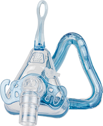 Ascend full cpap mask from Roscoe. Clear blue plastic mask that covers the nose with a clearish-blue nasal guard.