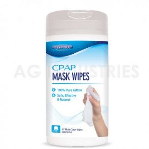 Respura CPAP Mask Wipes shown in packaging. The package is a wipe jar that has a picture of a hand holding a wipe. AG industries watermark in clear grey over the image.