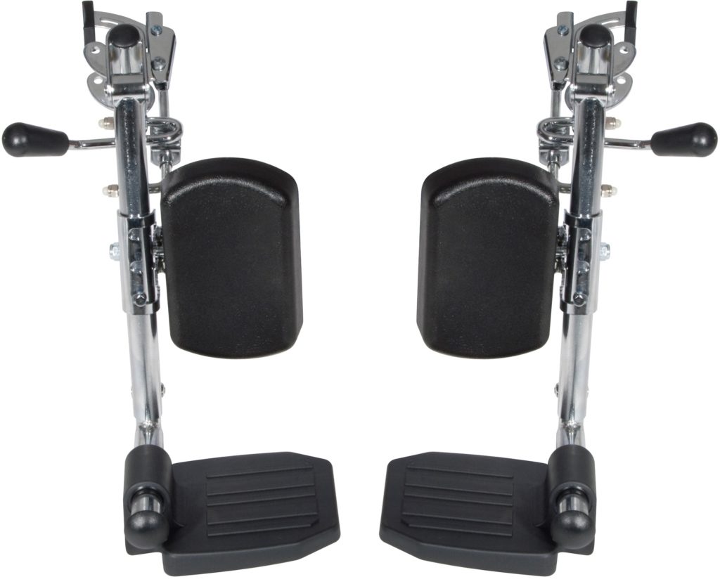 elevated wheelchair legrests rental default image. Silver framing holds black calf rests and foot rests.
