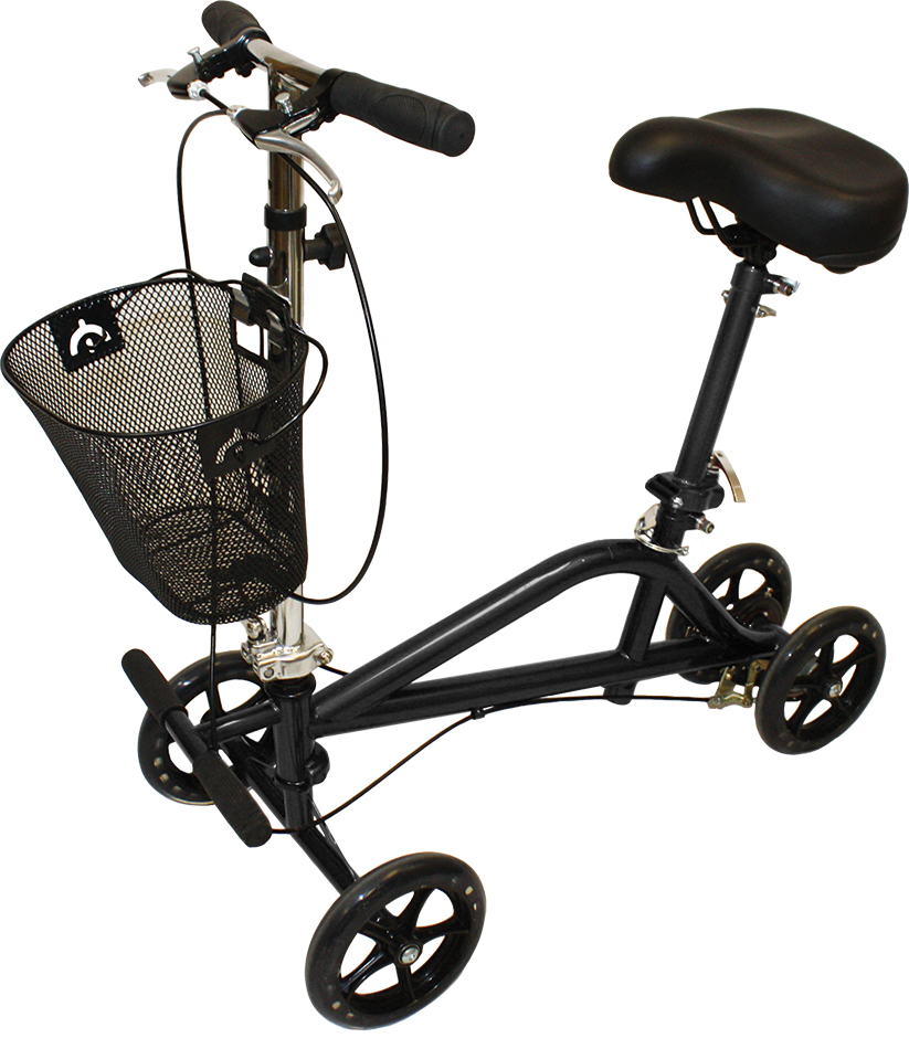Seated knee scooter rental default image. The Roscoe Gemini seated knee scooter is shown against a white backdrop. The scooter has a bicycle-style seat and bicycle-style handles. The seat and handles connect to the 4 wheeled base via a long, adjustable shaft. A basket sits on the front.