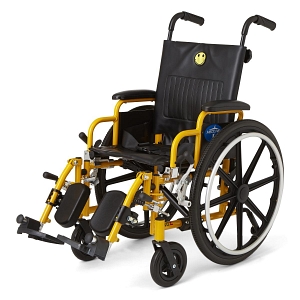 medline pediatric wheelchair rental default image. The chair is yellow with black fabric and black wheels. A smiley face is embroidered at the top of the seat.