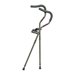 In-Motion Pro Crutches. Theses crutches have a stylized, curved under arm cushion for comfort. The handgrips are ergonomically shaped. Used mainly by athletes. On a white background.