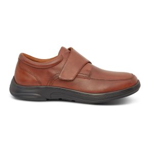 Anodyne Casual Oxford shoe. A brown loafer-style shoe with a black sole. One brown velcro strap.