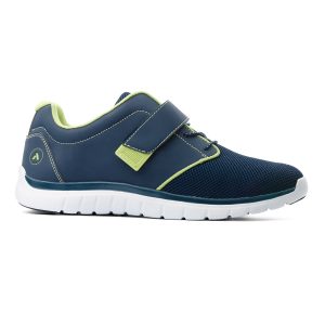 Anodyne Sports Jogger. A jogging shoe in blue with green accents and a white sole. Blue and green velcro strap.