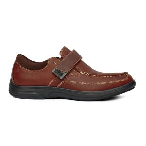 Anodyne Casual Dress Men's shoe. A brown casual/dress combo shoe with black accents and sole. One brown velcro strap provides sizing.