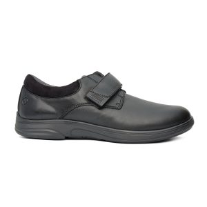 Anodyne Men's Casual Comfort Stretch. Shiny black casual loafer with one velcro strap.
