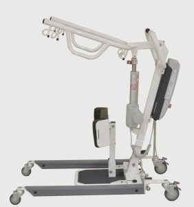Bestcare SA400E Stand Assist Lift in grey, a side view. The stand assist is currently in its lowest position--used for attaching to seated patients.
