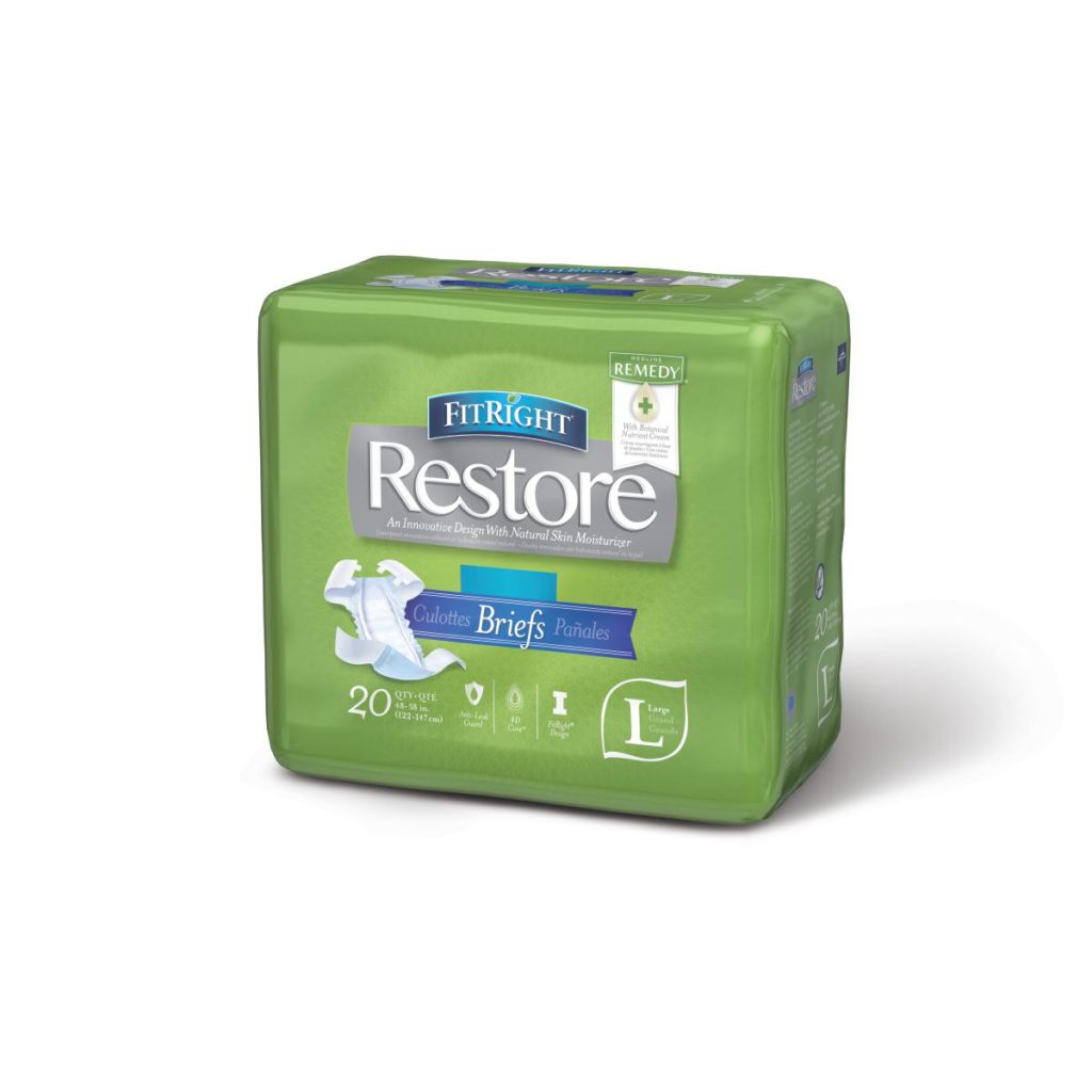 Medline FitRight Restore Super Briefs. A green package with a grey and white "Restore" Logo. 20 pack in the large size.