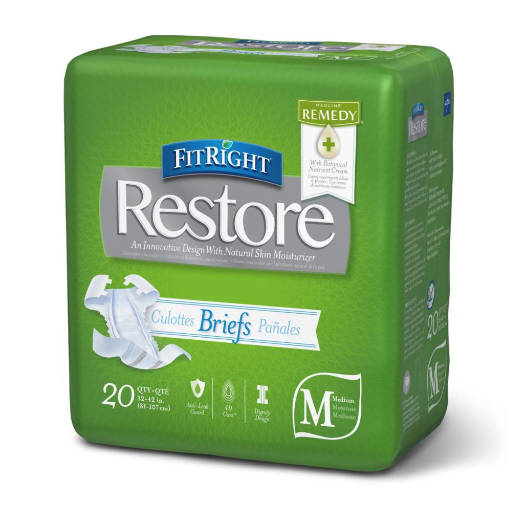 Medline FitRight Restore Ultra Briefs. A green package with a grey and white "Restore" Logo. 20 pack in the medium size.