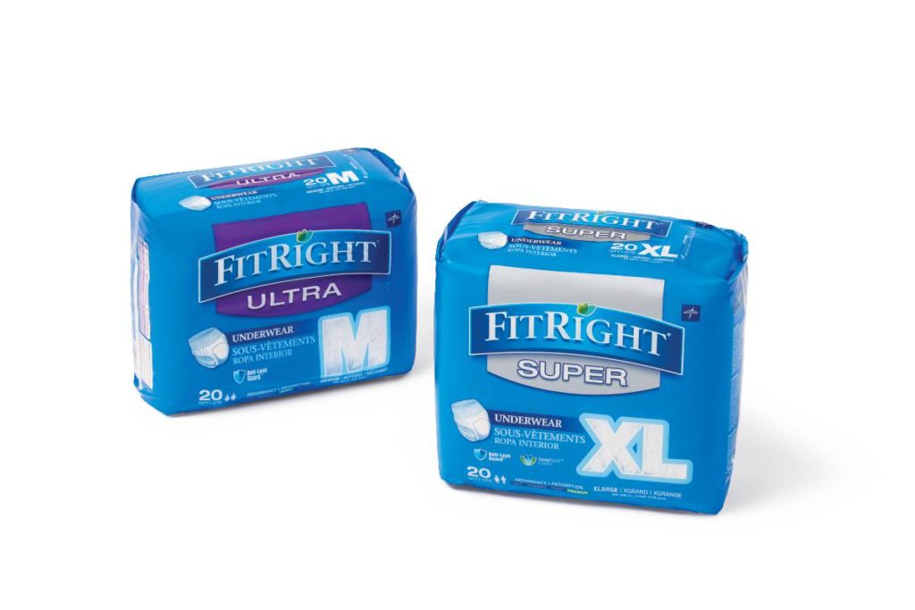 Medline FitRight Ultra Protective Underwear. A picture of Medline fitright underpads. The left is a 20 pack of Medium ultra briefs. The right is a package of fitright super xl size briefs in a 20 pack. Both packages are blue with grey accents.