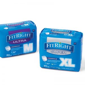 Medline FitRight Ultra Protective Underwear. A picture of Medline fitright underpads. The left is a 20 pack of Medium ultra briefs. The right is a package of fitright super xl size briefs in a 20 pack. Both packages are blue with grey accents.