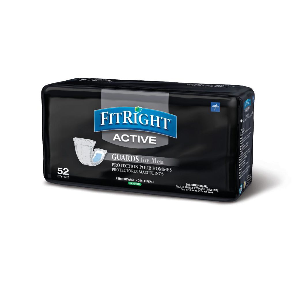 Medline FitRight Active Guards for Men. Black package with a blue and gray logo. 52 pads, 5.9" x 12.6" size.