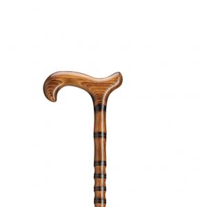 The top half of a Harvy Derby Jambis Cane with Bamboo Steps. Finished, brown bamboo with black accents.