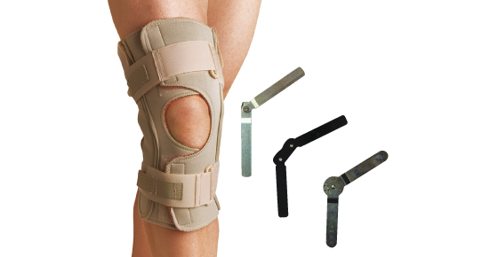 Thermoskin ROM Knee Brace Open Wrap. A model wears this tan on tan brace with an open patella and adjustable straps. Floating next to the models knee are the hinges used for side support in this brace.