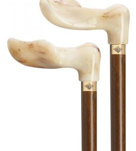 Harvy Marble Grip Walnut Cane. An ergonomic, faux-ivory handle is separated from a walnut shaft by a gold ring.