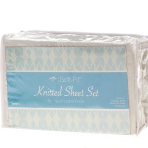 Medline Soft-Fit Knitted Contour Sheets package shown against a white background. Baby blue logo, the package contains 1 under and 1 over sheet, along with 1 pillow case.