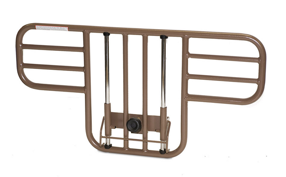 Roscoe ProBasics Half Rail for Hospital Bed. The rail is shown floating on a white background. It is beige with silver moving parts and a black clasp.