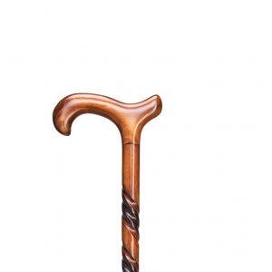 The top half of a Harvy Triple Twist Derby Cane. A one-piece wood cane with stylized 'triple twist' markings etched in black down the shaft.