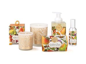 Cosmetics category image. The image shows a pear scented theme from Michele Designs. From left to right: Soap box (back rown), small candle (front row), large candle (back), bar of soap (front), foaming soap bottle (back), scented spray (middle row).