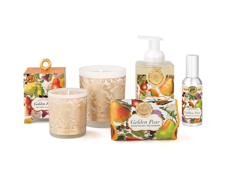 Cosmetics category image. The image shows a pear scented theme from Michele Designs. From left to right: Soap box (back rown), small candle (front row), large candle (back), bar of soap (front), foaming soap bottle (back), scented spray (middle row).