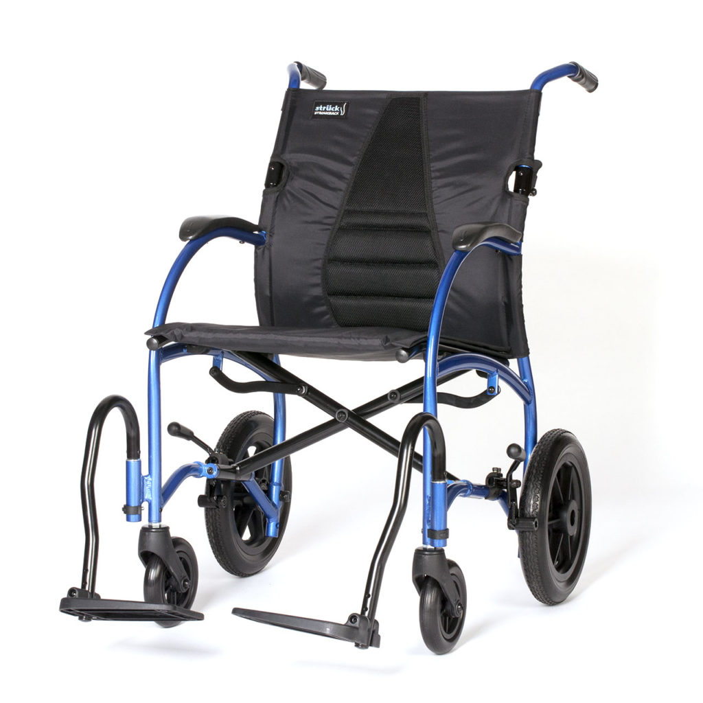 Strongback Excursion 12 Transport Chair in blue, on a white background.