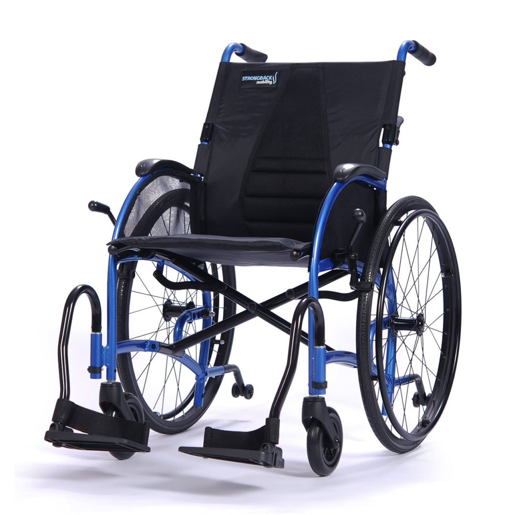 Strongback mobility 24 Wheelchair in blue, on a white background.