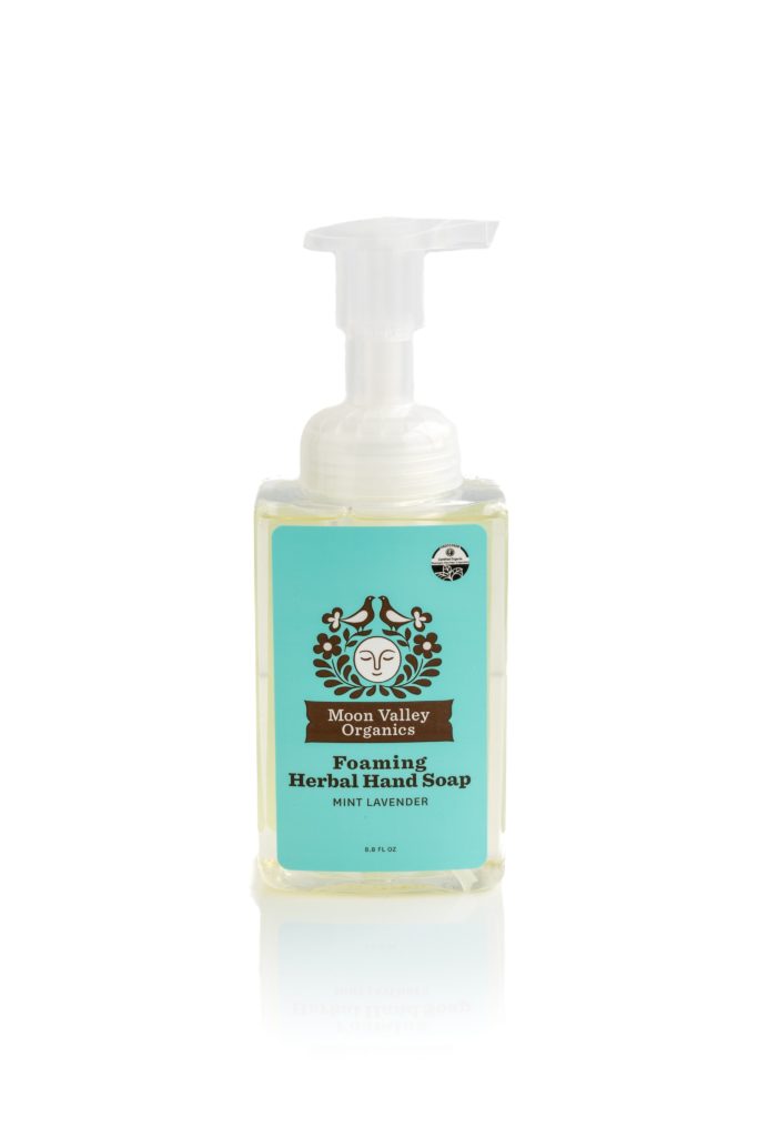 Moon Valley Organics Herbal Foaming Hand Soap on a white background. Light blue label.