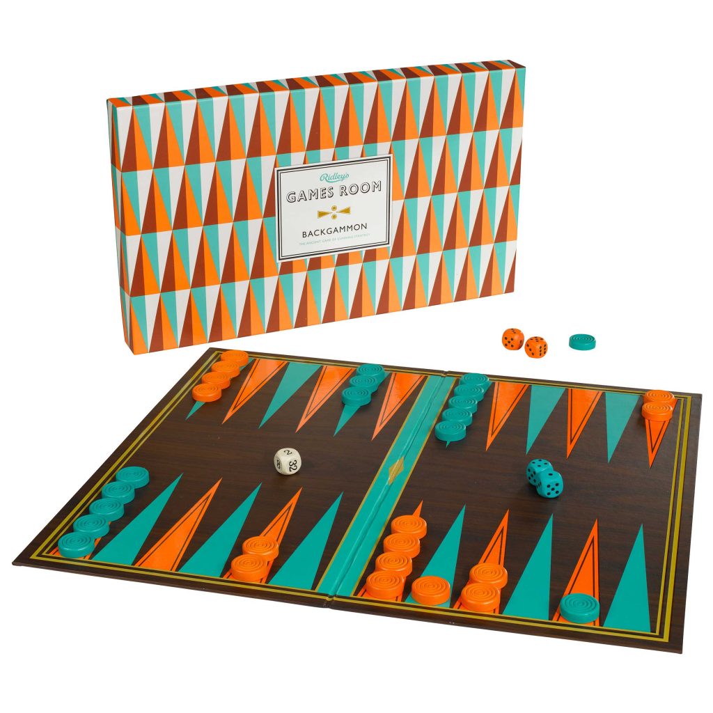 Ridley's Games Backgammon. Picture shows board in fore ground, box in background. White background.