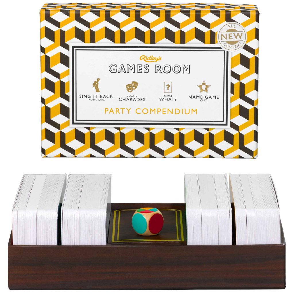Ridley's Games Party Compendium. Picture shows board in fore ground, box in background. White background.