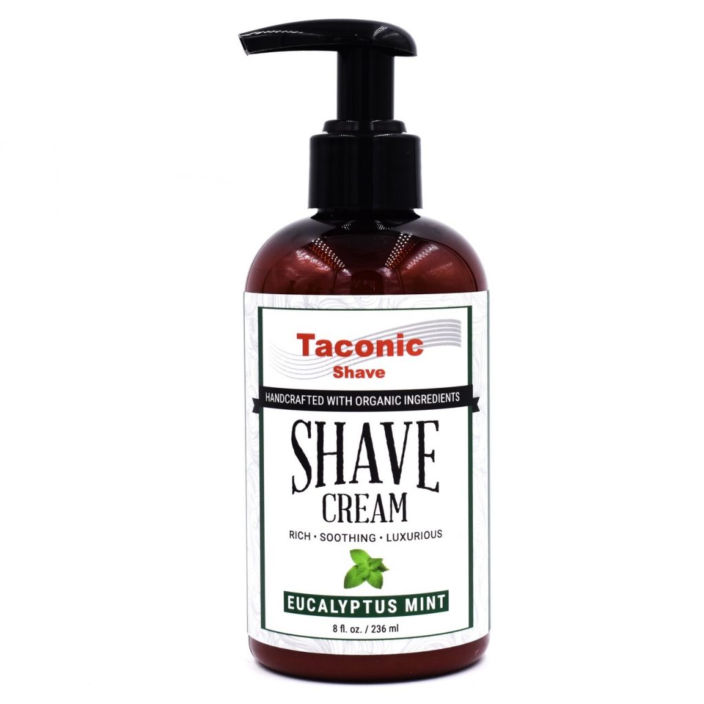 Taconic Shave Cream Pump Eucalyptus Mint 8oz on white background.