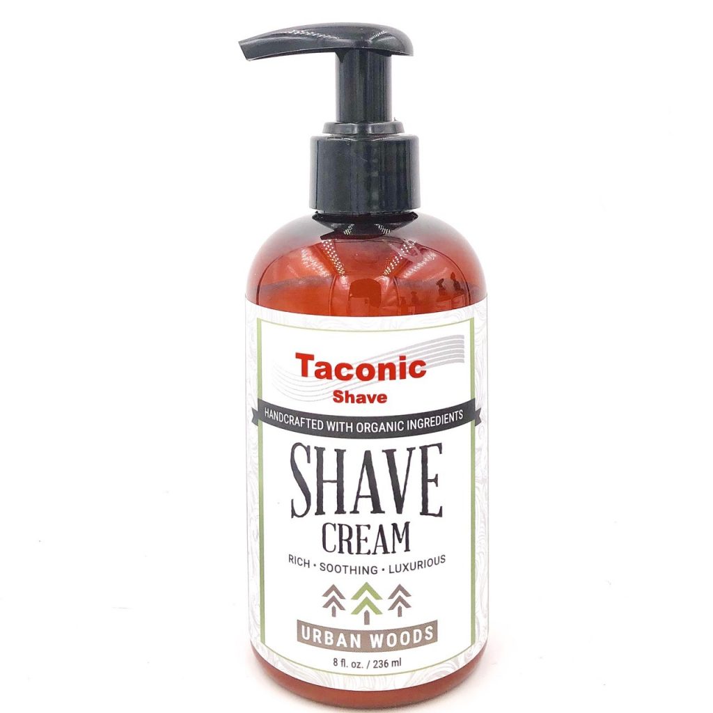 Taconic Shave Cream Pump Urban Woods 8oz on white background.