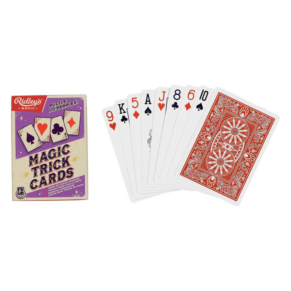 Ridley's Games Trick Cards. Picture shows board in fore ground, box in background. White background.