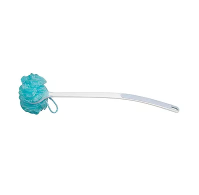 Juvo Long-Handled Bathing Wand Loofah on a white background. A plastic stick with a blue loofah attached at the end.