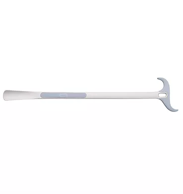 Juvo Dressing Aid-Shoehorn on a white background. The left side of the unit is the shoehorn, while the top is a curved, sharp-tipped head used for grabbing buttons and zippers.