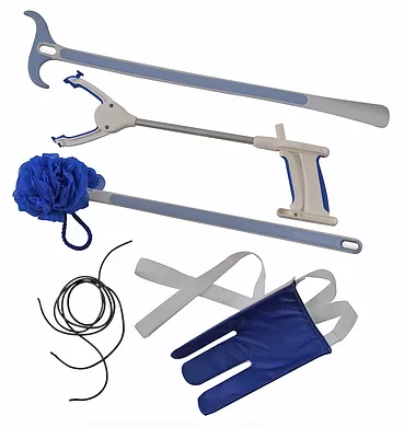 Juvo Surgery Recovery Kit. Top to bottom: Juvo dressing stick/shoehorn, Juvo 20" grabber, Juvo extended handle bathing sponge, Juvo black elastic shoelaces and a blue Juvo sock aid with white handles. On a white background.