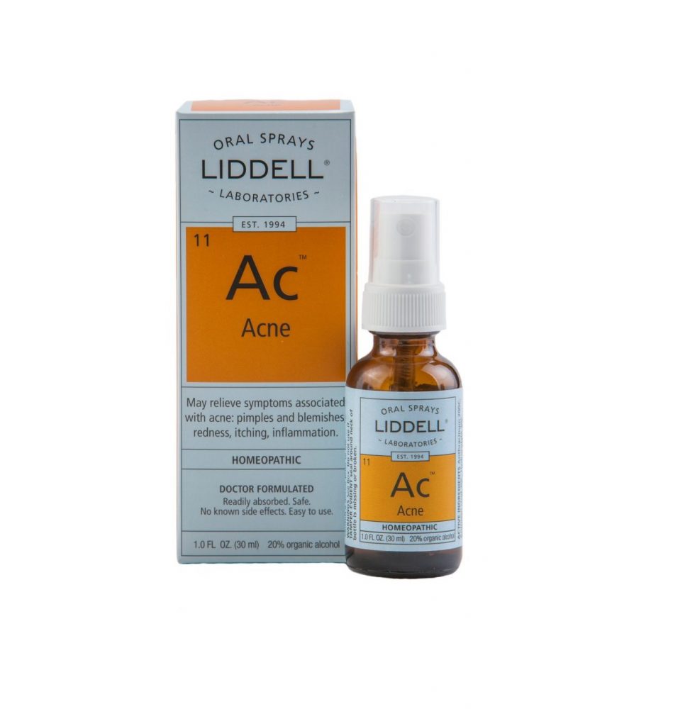 Liddell Oral Sprays Acne spray bottle and the product box, white background.