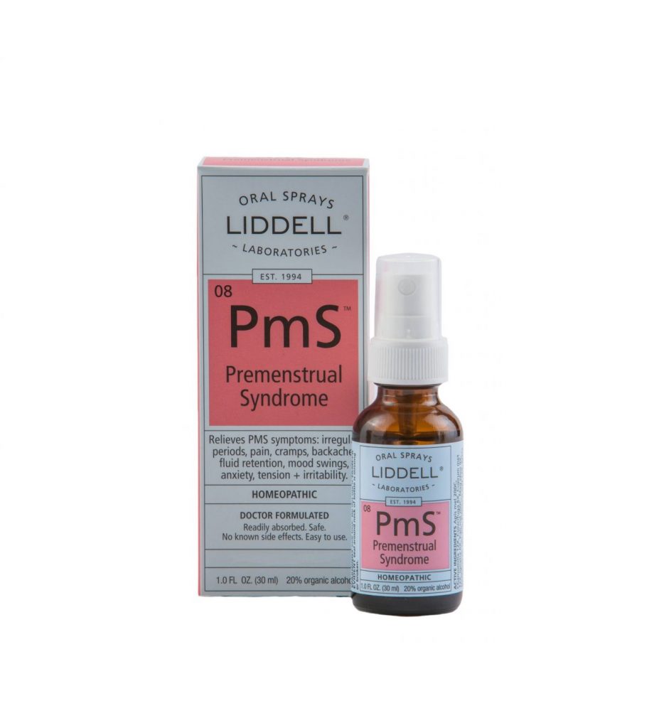 Liddell Oral Spray Premenstrual Syndrome spray bottle and the product box, white background.