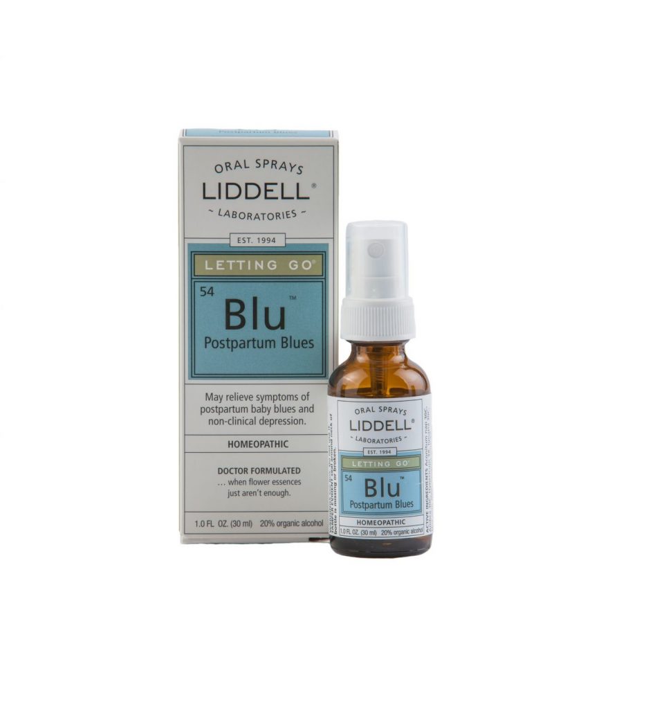 Liddell Oral Spray Postpartum Blues spray bottle and the product box, white background.