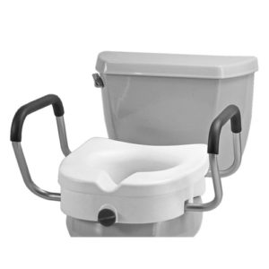 Nova Raised Toilet Seat with Detachable Arms, installed on a standard toilet.