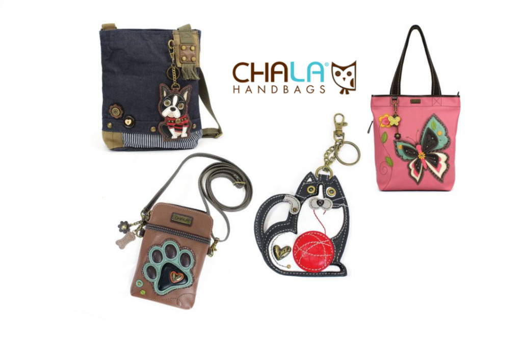 Chala Handbags logo with a terrier purse, paw cell phone purse, fat cat key chain and a butterfly totebag.