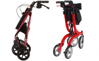 rollator folding style image. left of image is a fold-up in the middle rollator, right of image is a side-to-side folding rollator.