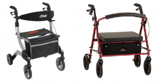 rollator seat and backrest examples. left side is a drive rollator with a canvas seat and canvas back. right is a nova rollator with padded foam seat and foam backrest.