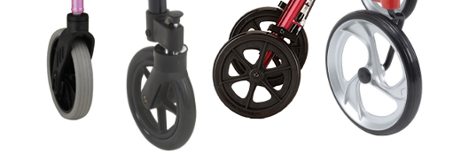 4 rollator wheel styles. from left to right; small rubber wheel, small plastic wheel, large plastic wheel, large rubber wheel