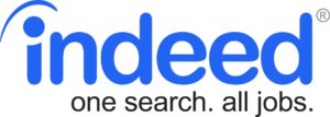 Blue "indeed" logo, stylized. caption in black says "one search, all jobs"