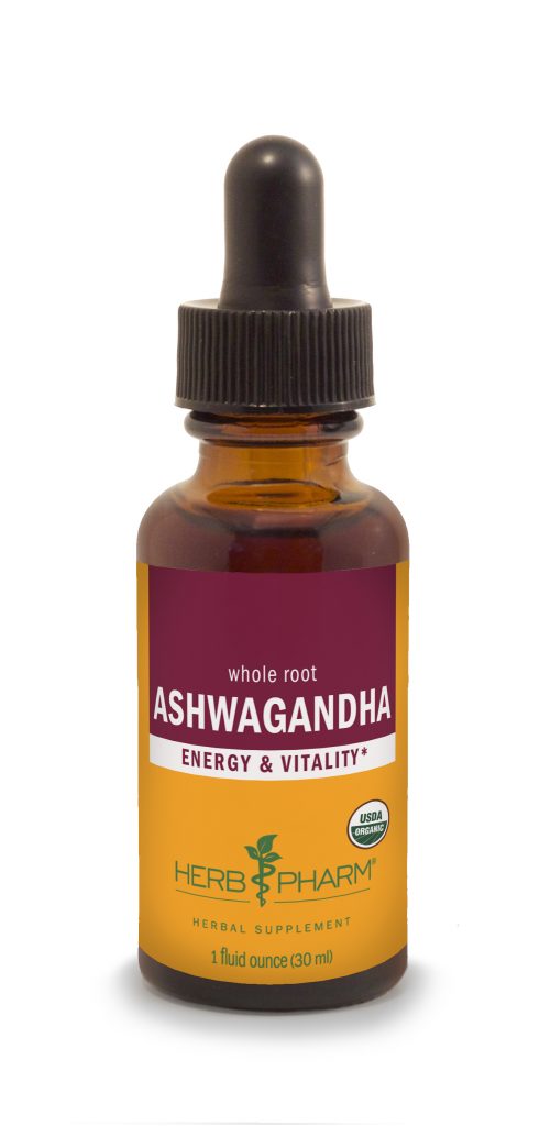 Herb Pharm Ashwagandha Extract vial 1oz. Brown bottle with crimson and gold label. Black Eyedropper top